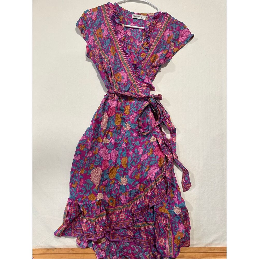 Sea Lustre Havana Maxi Wrap Dress Women’s S/M Purple Pink Floral Boho Rayon